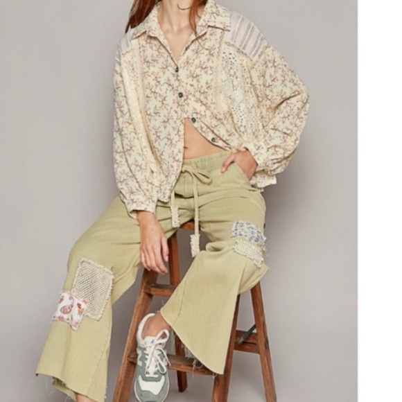 POL floral top - patch top - lace crochet button down top medium/large Boutique - Picture 11 of 11